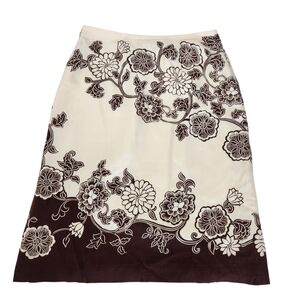 Floral Print Women's Silk Skirt - Cream and Brown Size 2 Vintage